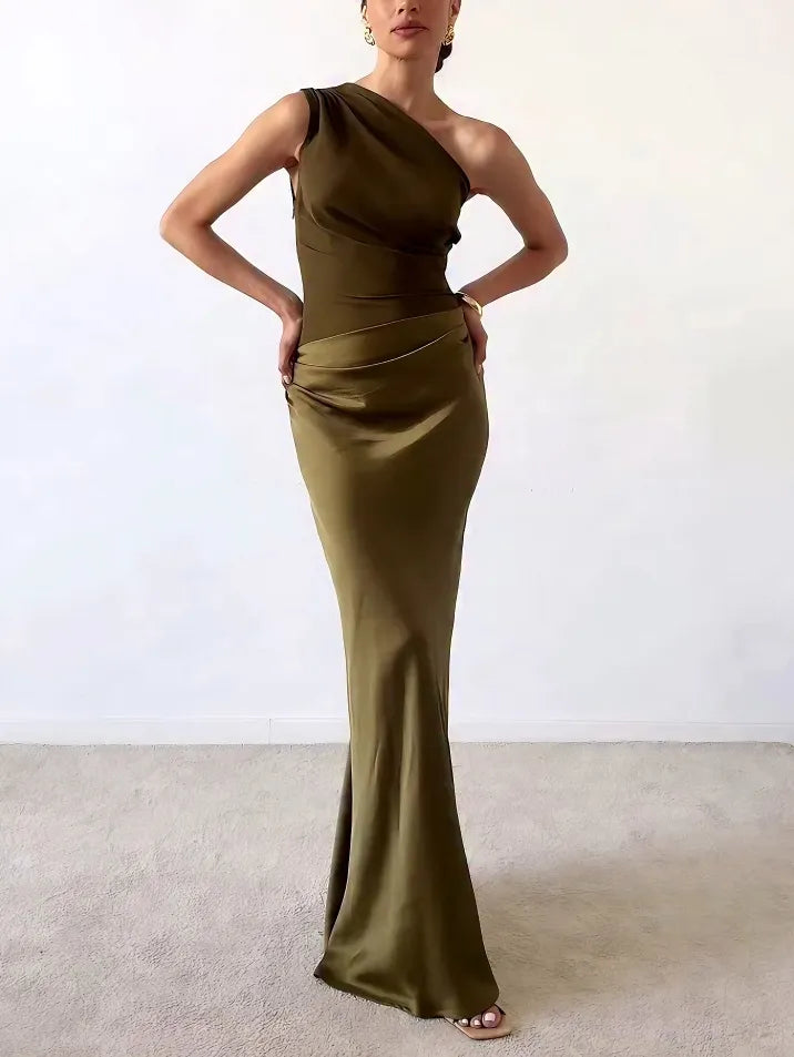 One Shoulder Maxi Dress - Elegant Pleated Evening Gown