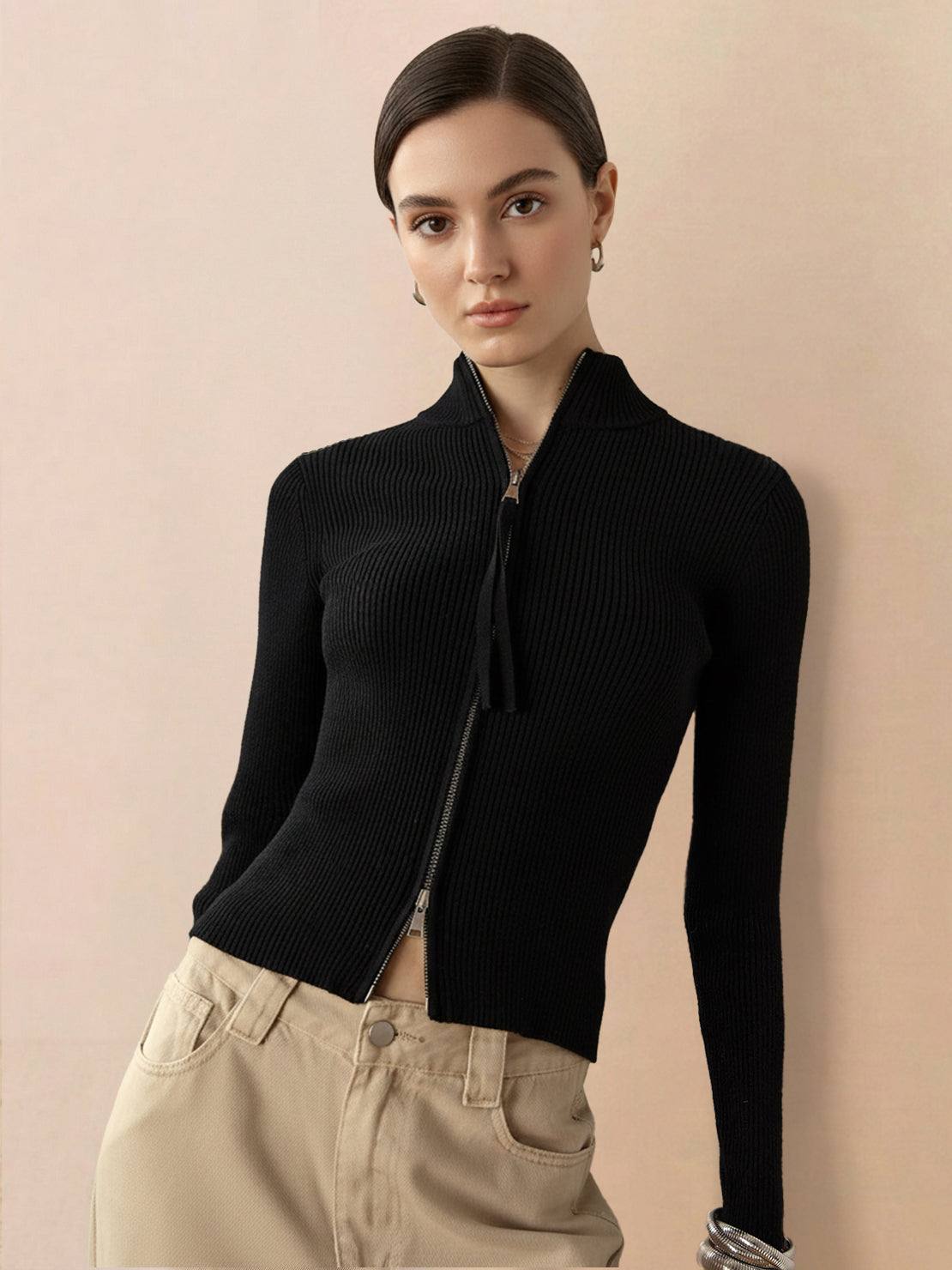 Zip-Up Knit Cardigan Jacket