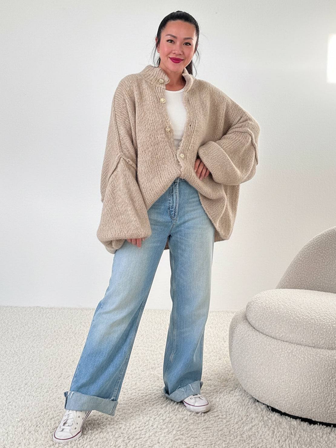 Oversized Button-Front Knit Cardigan