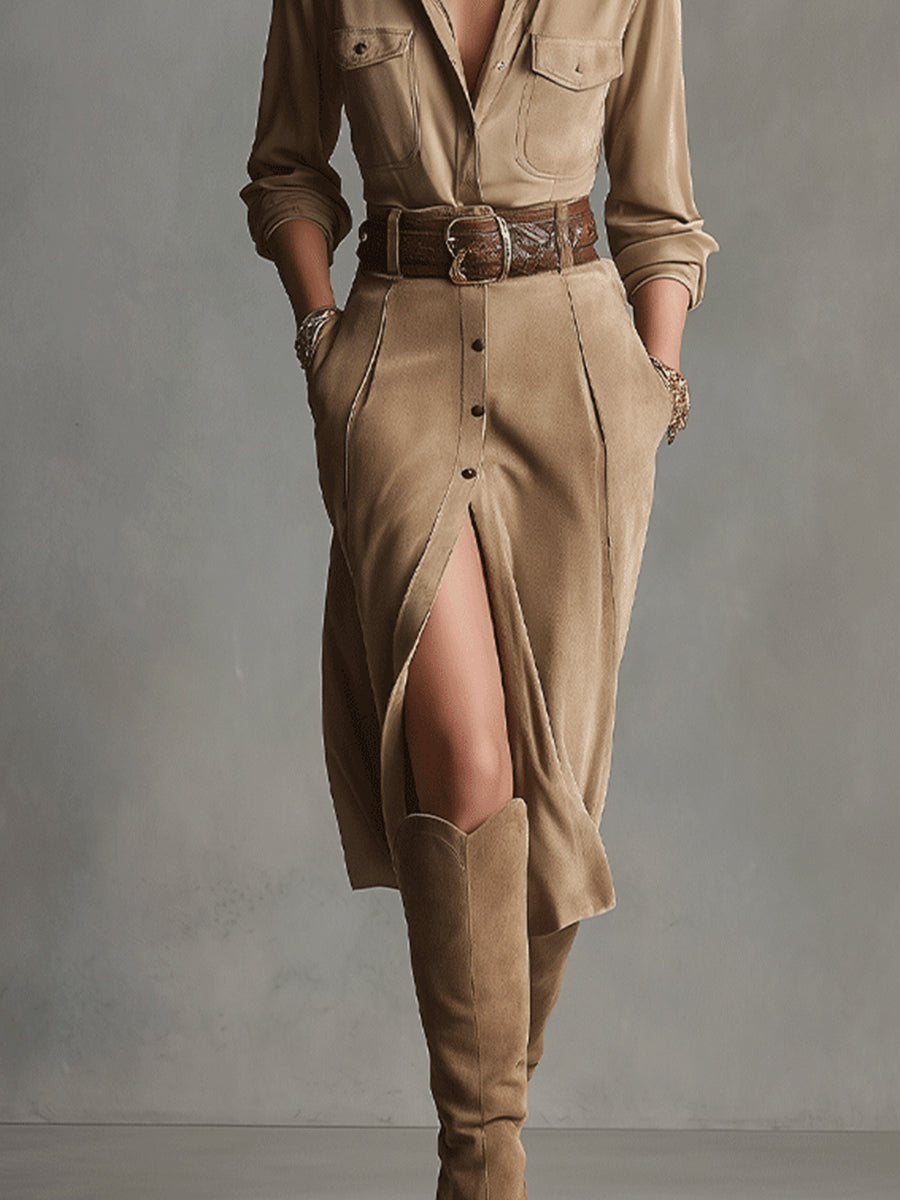 Ivy | Brown Suede Midi Dress