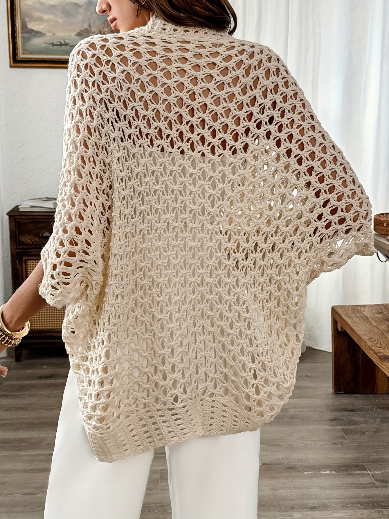 Beige Open Knit Cardigan with Wide Sleeves and Crochet Detail