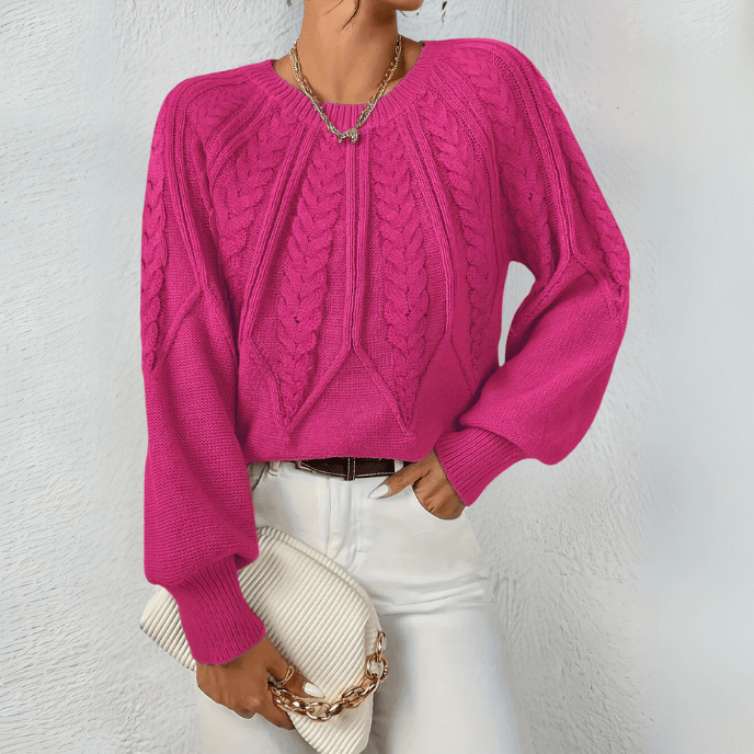 Cable Knit Sweater with Puff Sleeves and Round Neckline