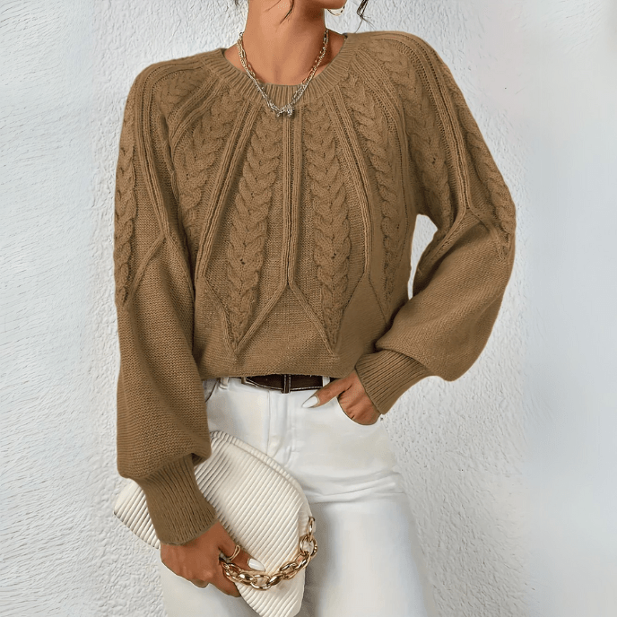 Cable Knit Sweater with Puff Sleeves and Round Neckline