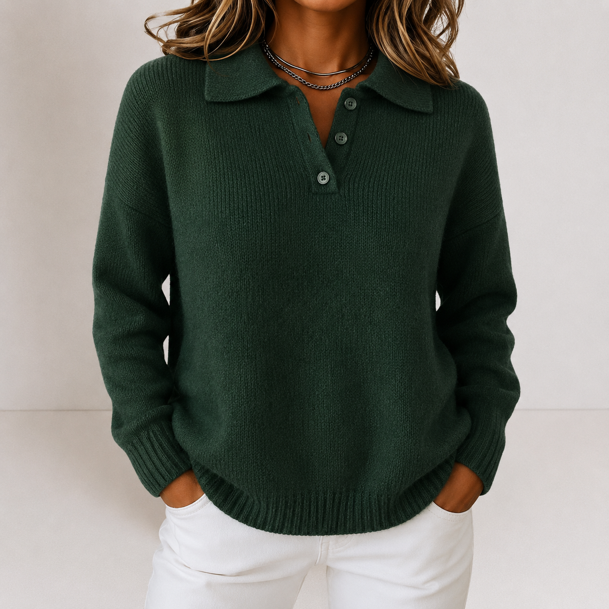 Knit Sweater with Polo Collar and Button Placket