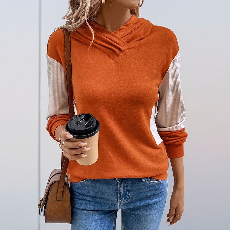 Colour Block Hoodie with V-Neck and Ribbed Contrast Sleeves