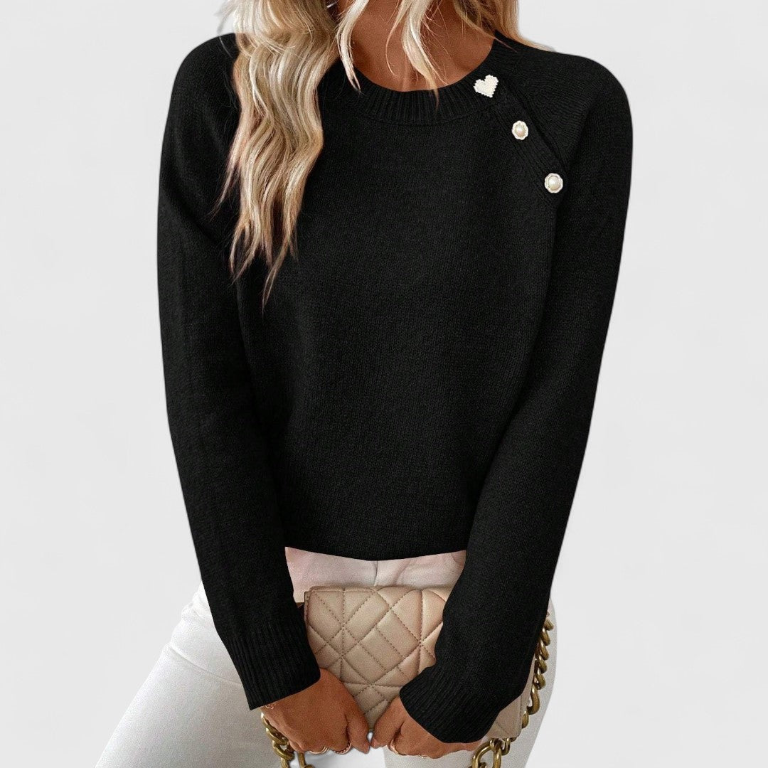 Crew Neck Knit Sweater with Pearl Button Shoulder Detail