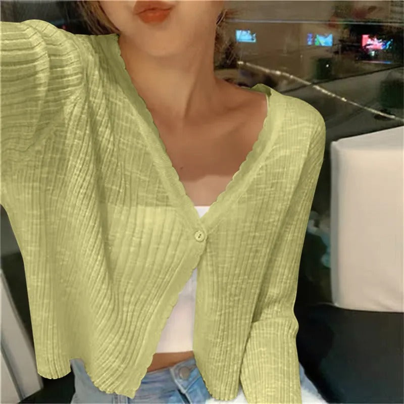 Cropped Cardigan with Lettuce Edge Trim and V-Neckline