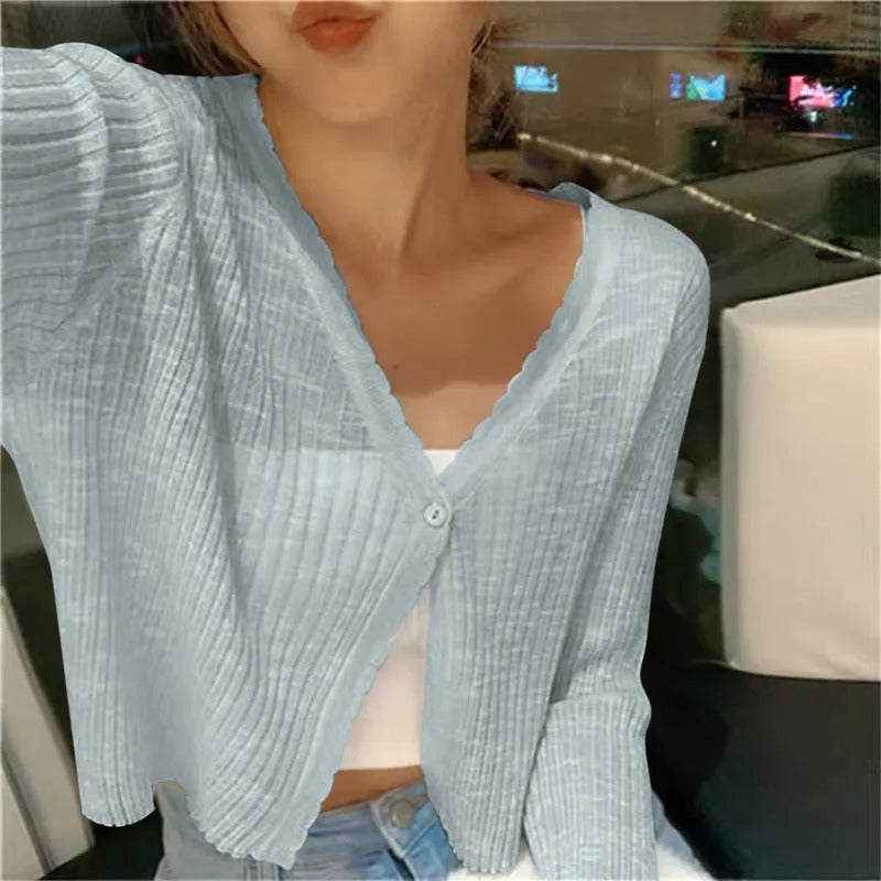 Cropped Cardigan with Lettuce Edge Trim and V-Neckline