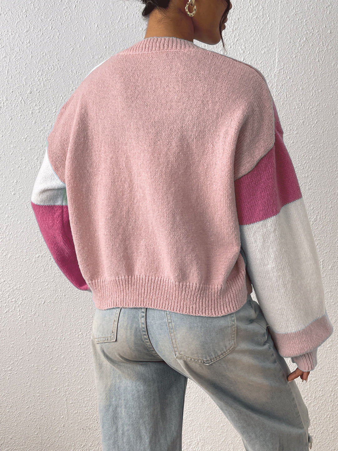 Cropped Colour Block Cardigan with Open Front and Ribbed Cuffs