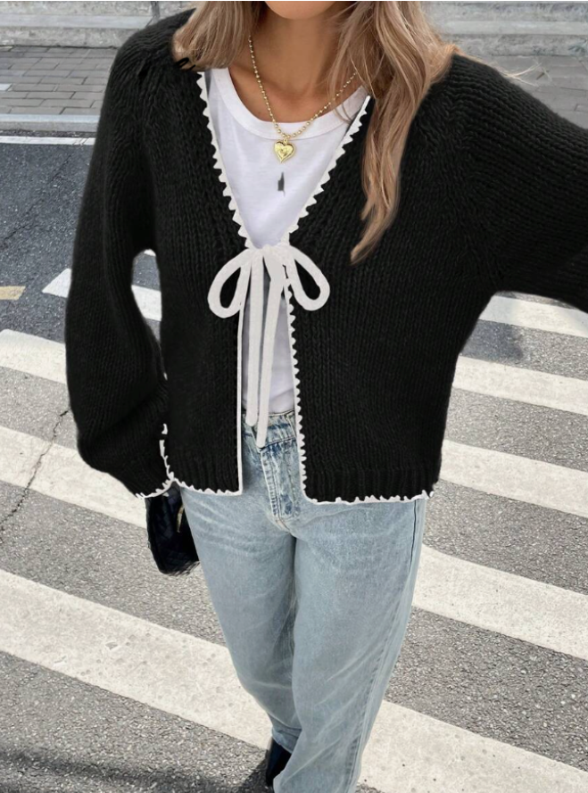 Cropped Knit Cardigan with Bow Tie and Contrast Trim