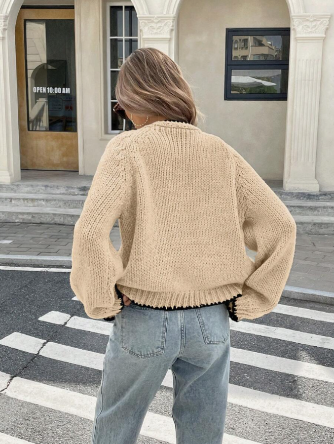 Cropped Knit Cardigan with Bow Tie and Contrast Trim