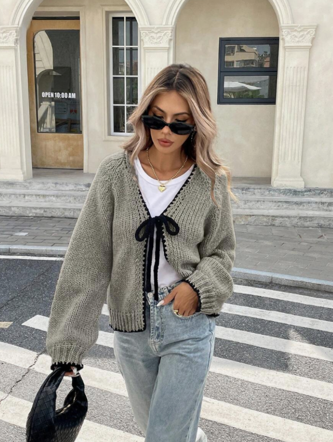 Cropped Knit Cardigan with Bow Tie and Contrast Trim