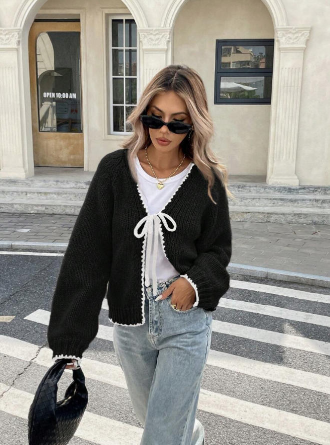 Cropped Knit Cardigan with Bow Tie and Contrast Trim