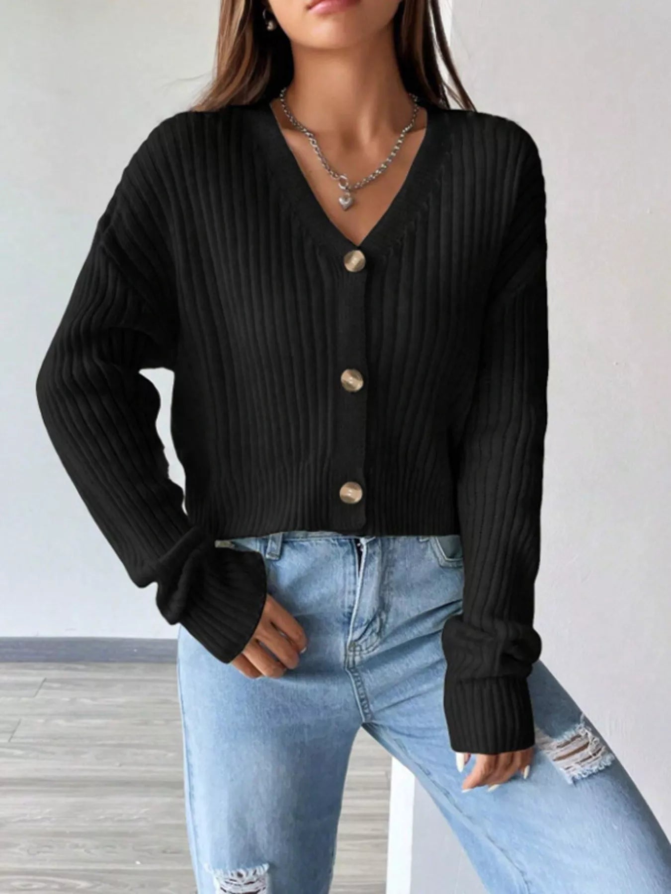 Cropped Ribbed Knit Cardigan with V-Neckline