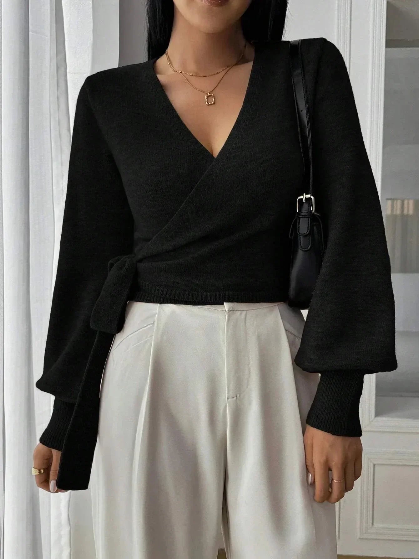 Cropped Wrap Knit Sweater with Tie Waist and V-Neckline