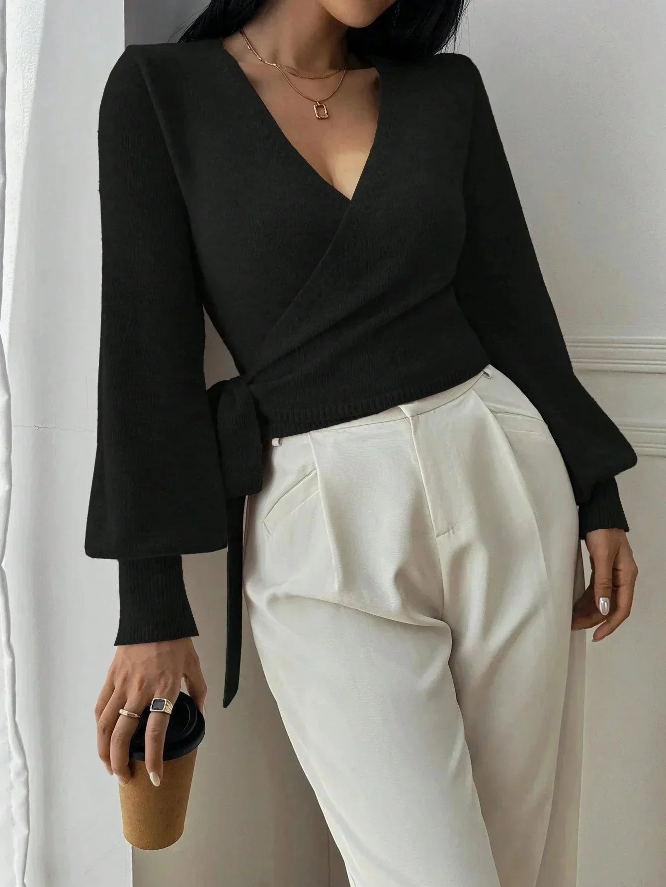 Cropped Wrap Knit Sweater with Tie Waist and V-Neckline