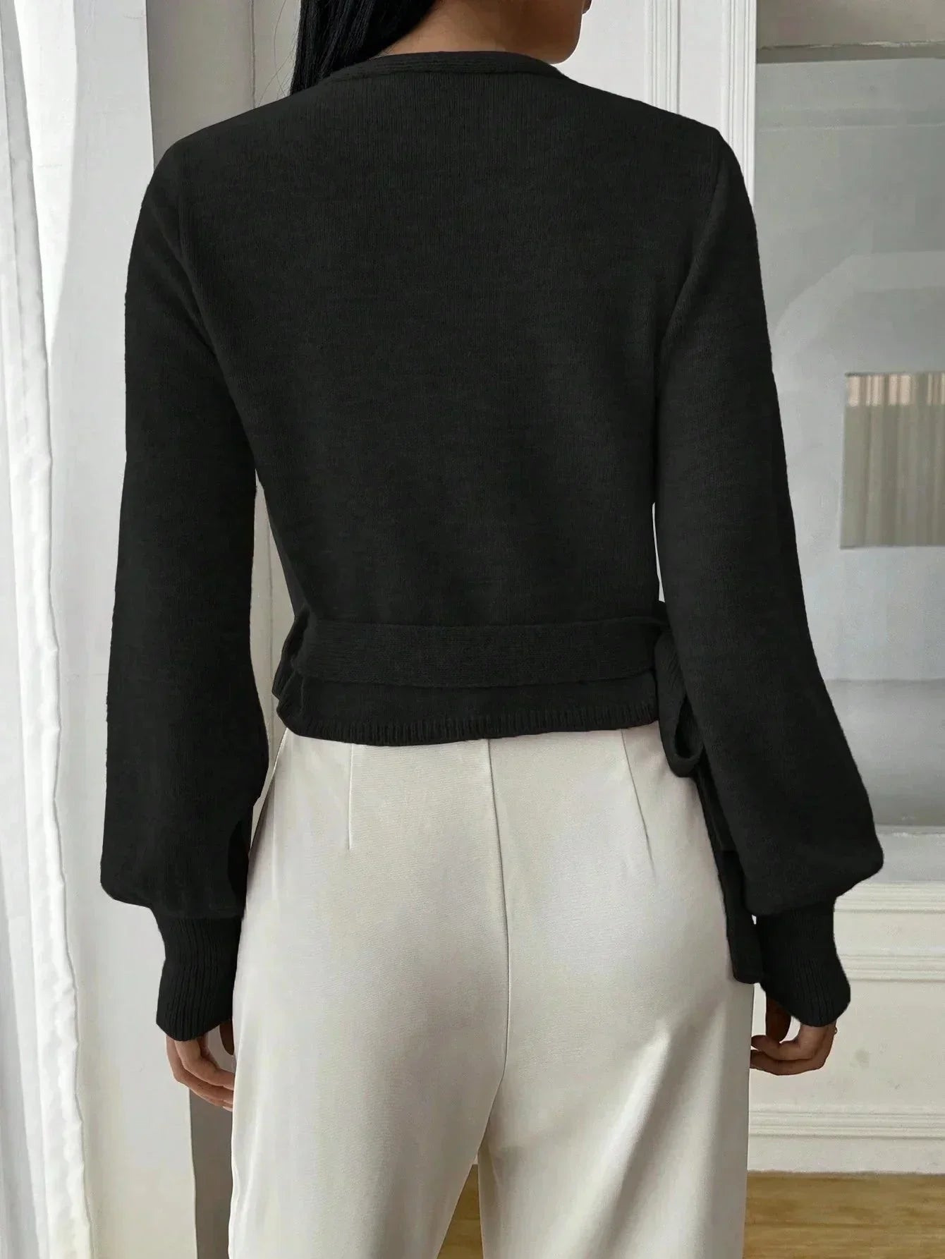 Cropped Wrap Knit Sweater with Tie Waist and V-Neckline