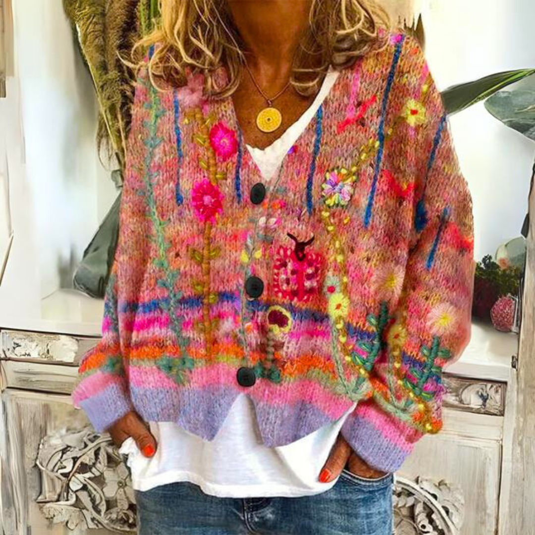 Floral Embroidered Knit Cardigan with V-Neckline