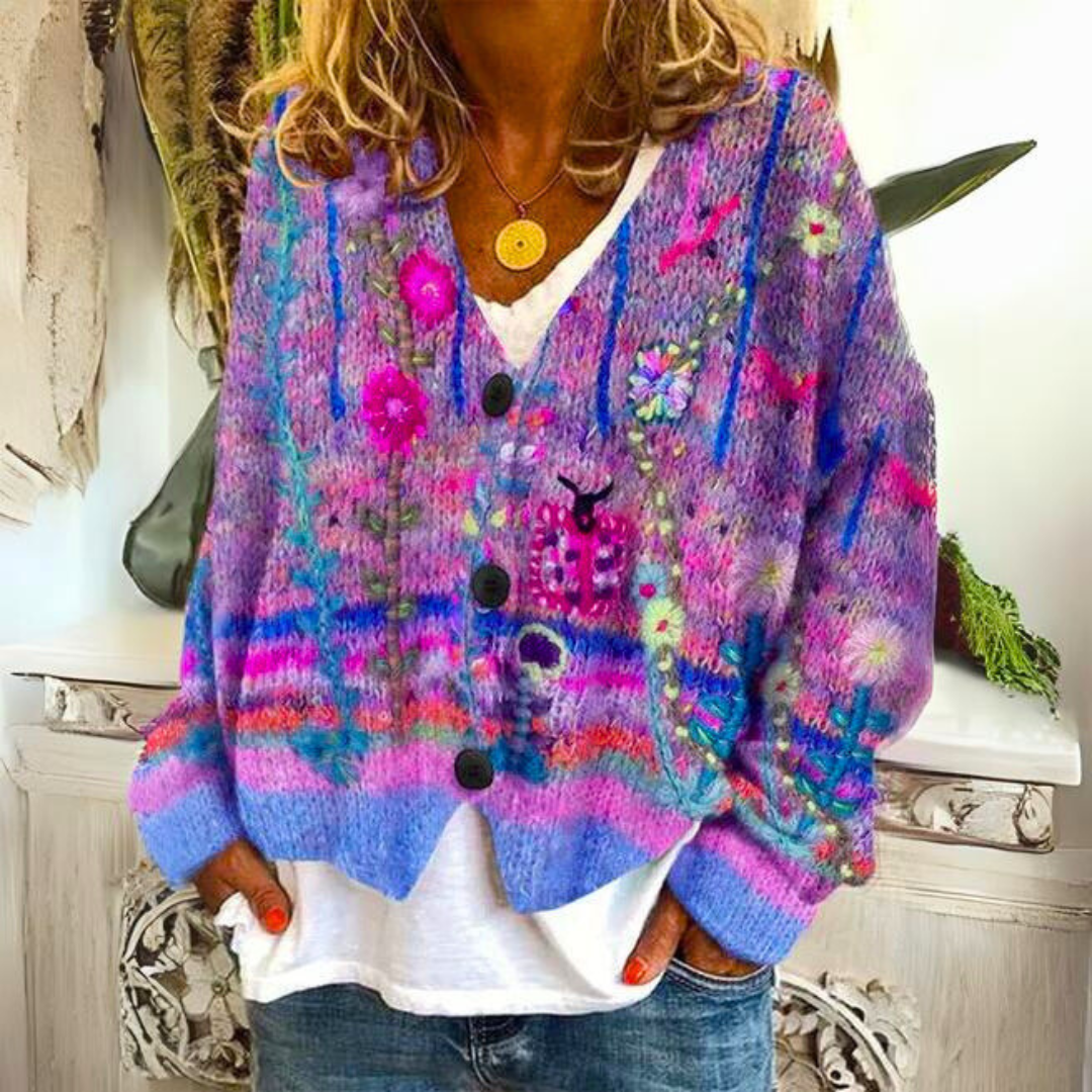 Floral Embroidered Knit Cardigan with V-Neckline