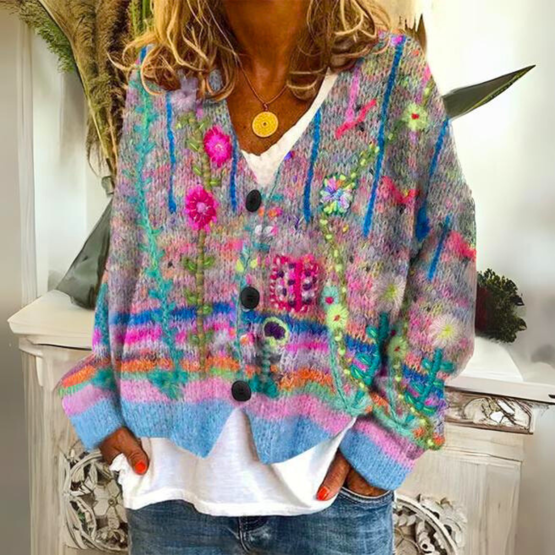 Floral Embroidered Knit Cardigan with V-Neckline