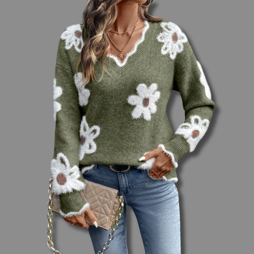 Floral Knit Sweater with V-Neckline and Daisy Print