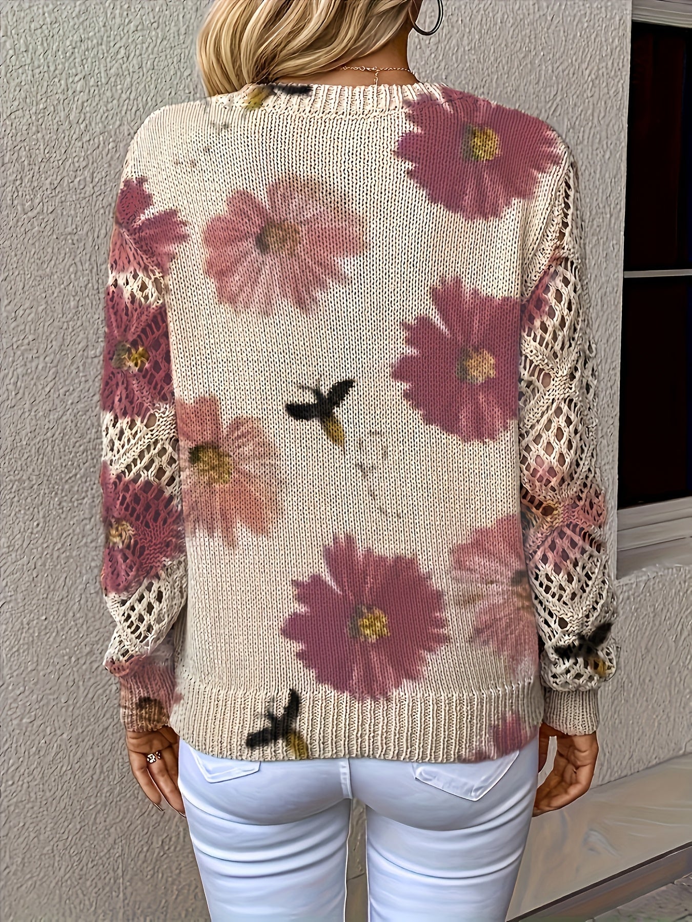 Floral Print Knit Sweater with Crochet Sleeves and V-Neckline