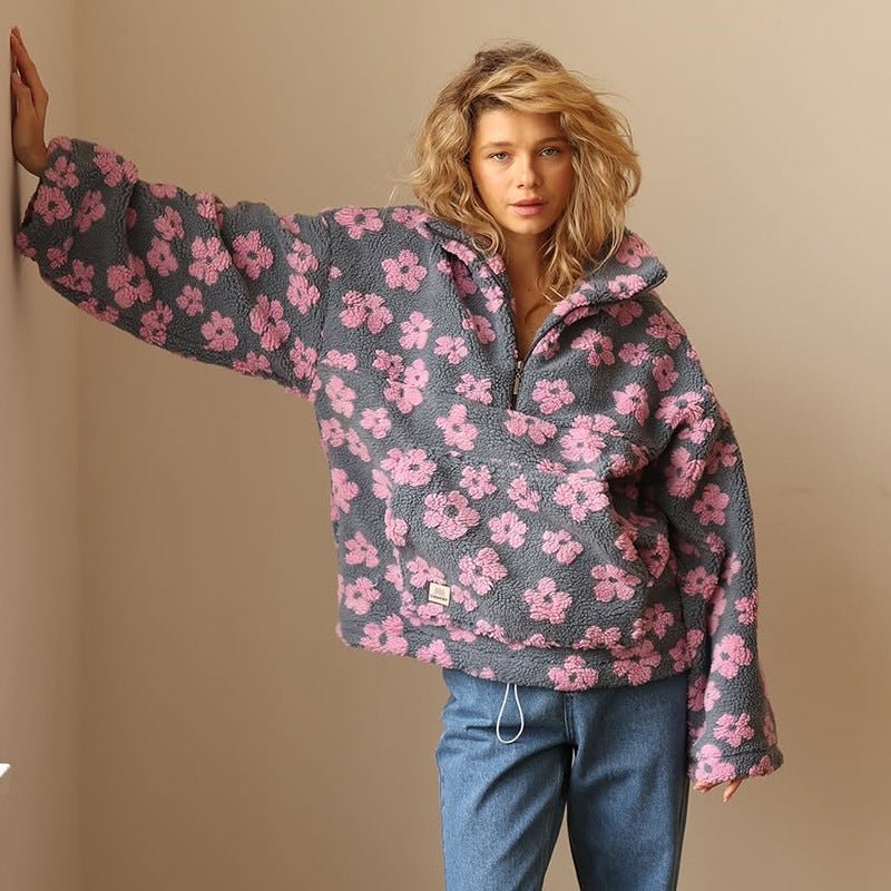 Oversized Floral Teddy Fleece Jacket with Half Zip