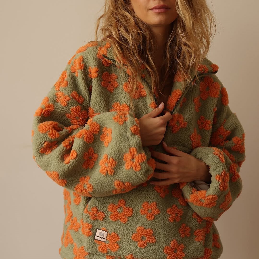 Oversized Floral Teddy Fleece Jacket with Half Zip