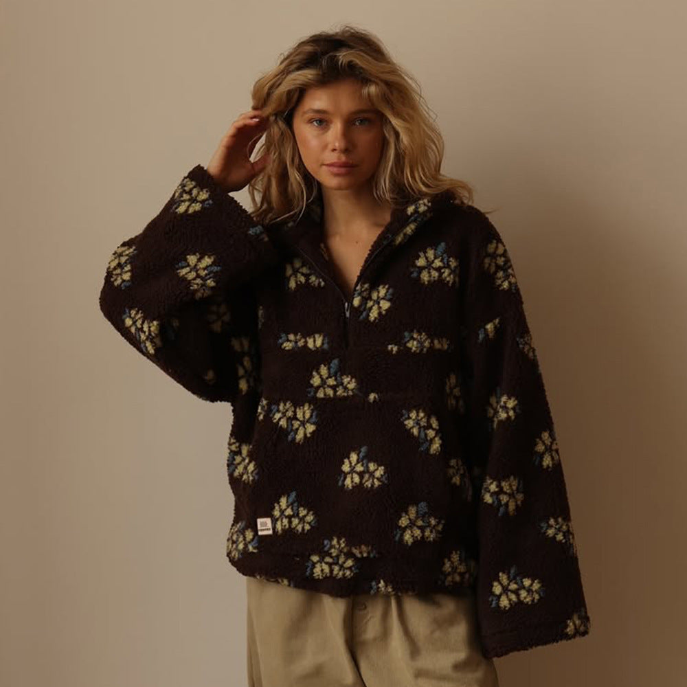 Oversized Floral Teddy Fleece Jacket with Half Zip