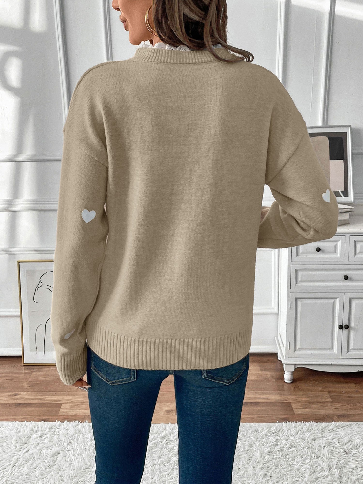Heart Print Knit Sweater with Lace V-Neckline