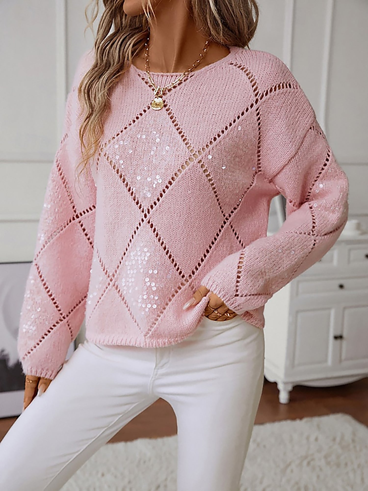 Soft Knit Sweater with Diamond Pattern and Sequin Detail