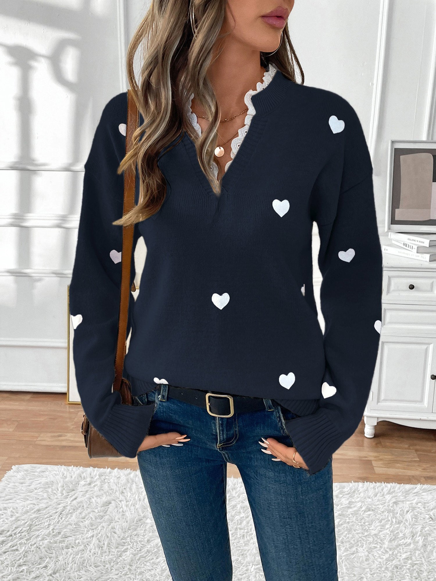 Knit Sweater with Heart Print and Lace Trim V-Neckline
