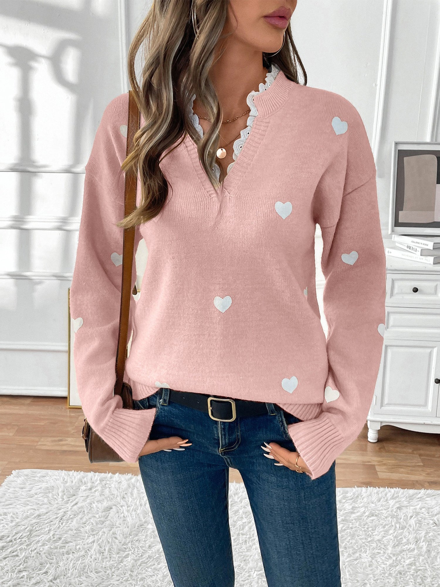 Knit Sweater with Heart Print and Lace Trim V-Neckline