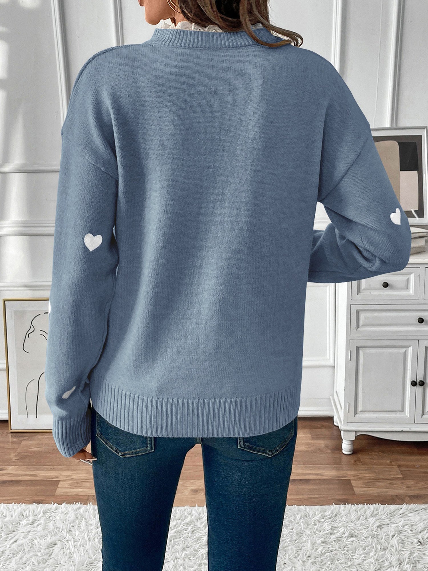 Knit Sweater with Heart Print and Lace Trim V-Neckline