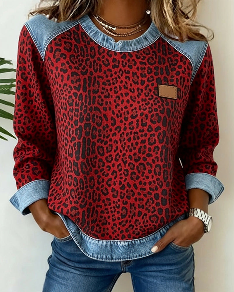 Leopard Print Sweatshirt with Denim Contrast Panels