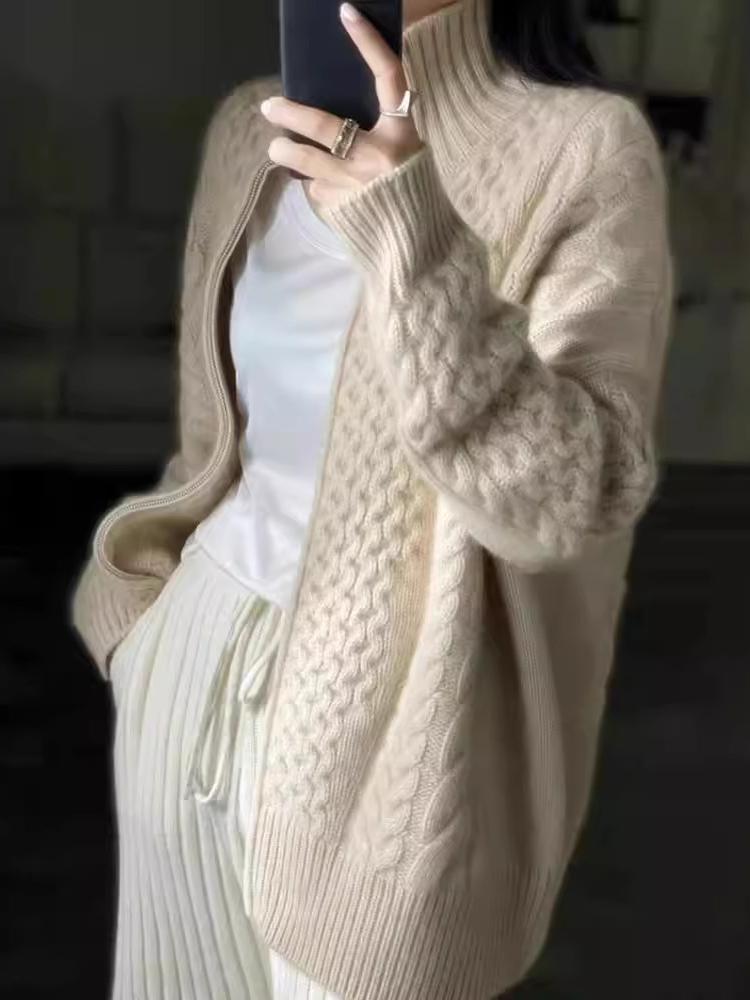 Oversized Cable Knit Cardigan with Zip Front and Stand Collar