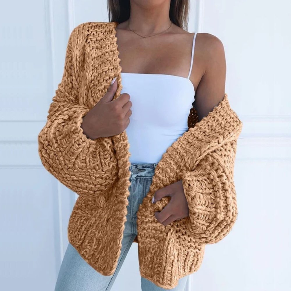 Oversized Chunky Knit Cardigan with Open Front and Puff Sleeves