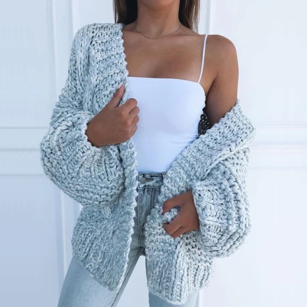 Oversized Chunky Knit Cardigan with Open Front and Puff Sleeves