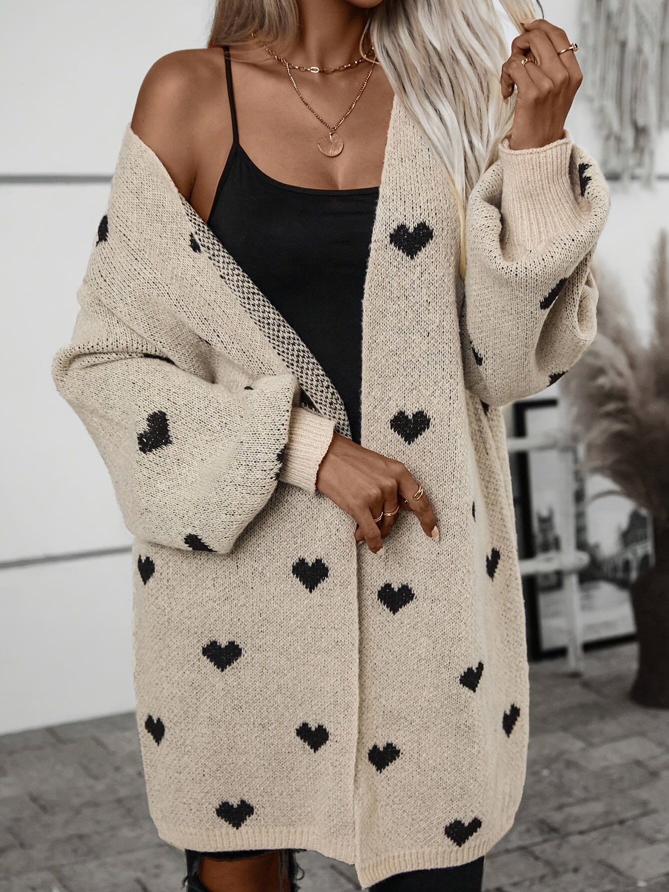 Oversized Khaki Heart Print Knit Cardigan with Open Front