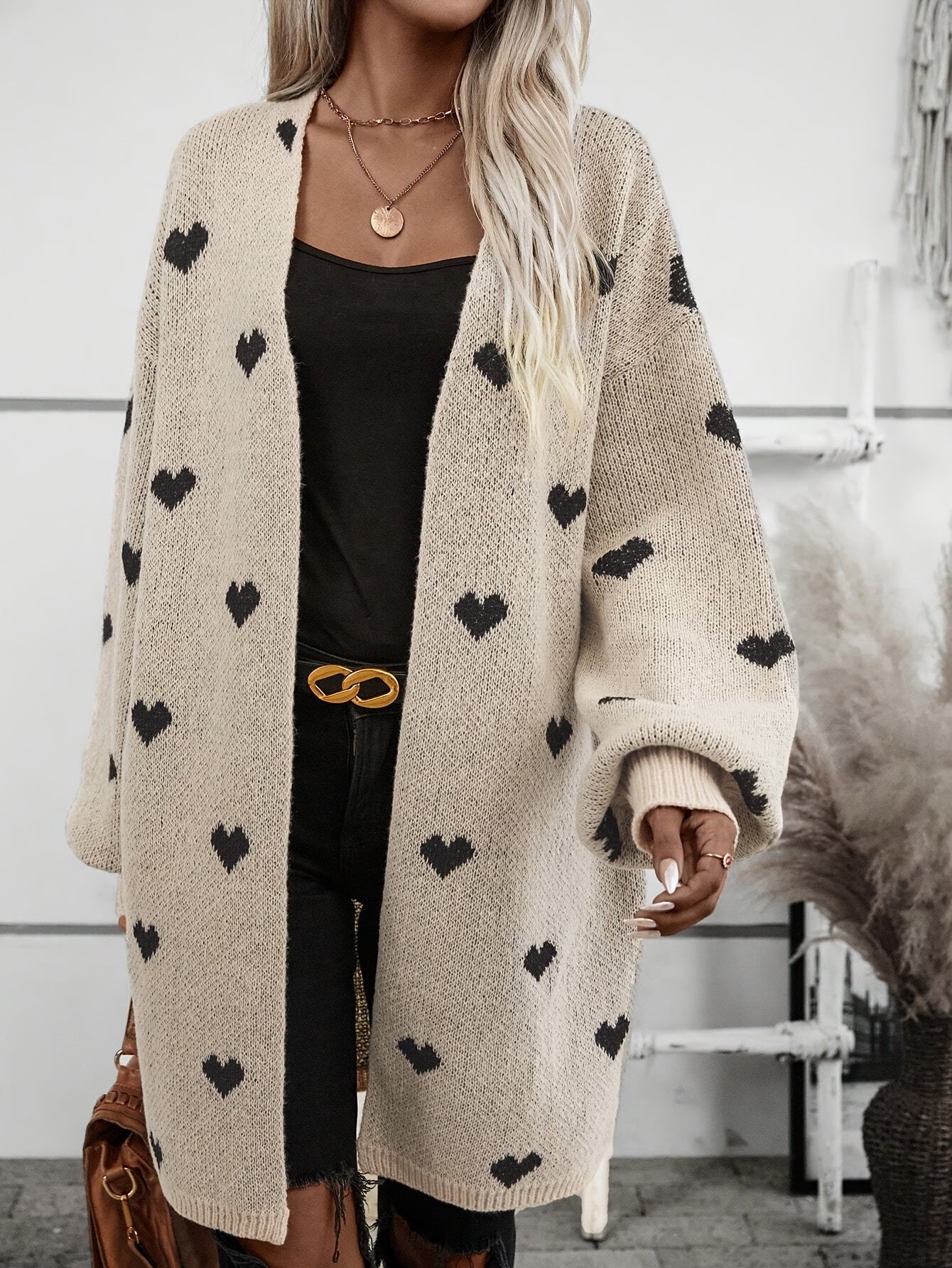 Oversized Khaki Heart Print Knit Cardigan with Open Front