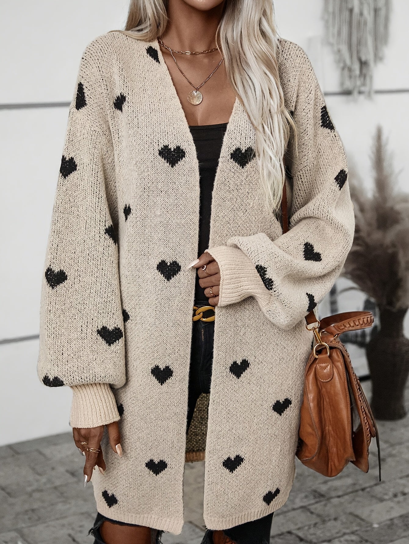 Oversized Khaki Heart Print Knit Cardigan with Open Front