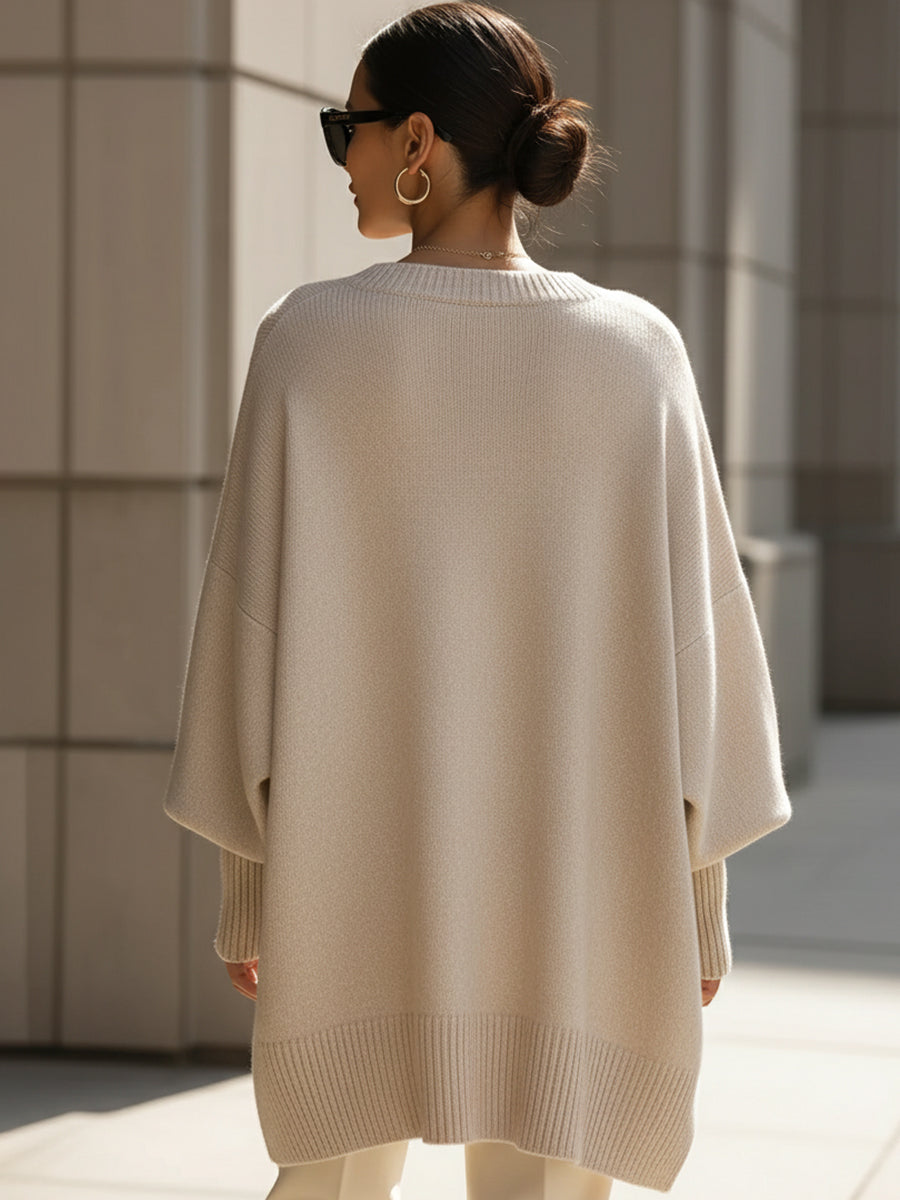 Oversized Knit Poncho Sweater with Wide Sleeves and Asymmetric Hem