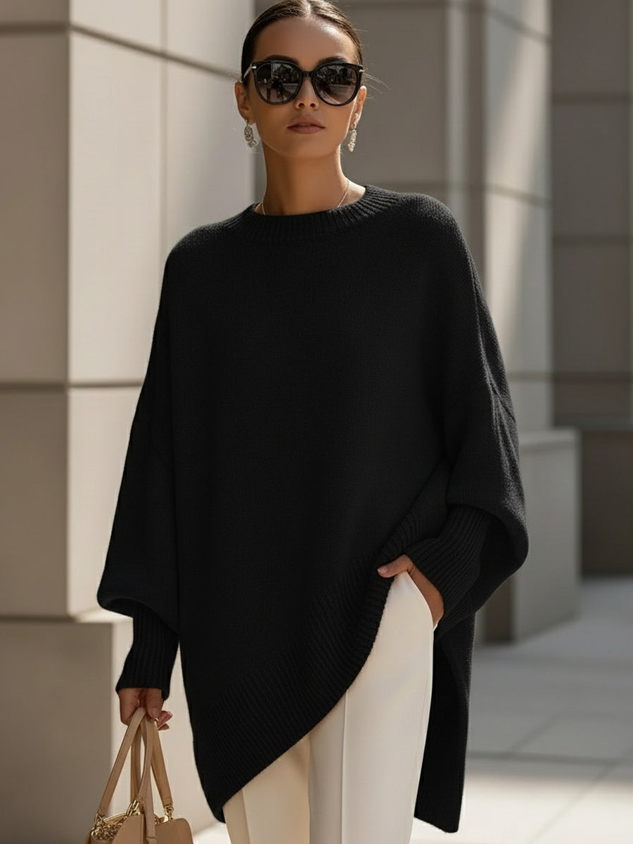 Oversized Knit Poncho Sweater with Wide Sleeves and Asymmetric Hem