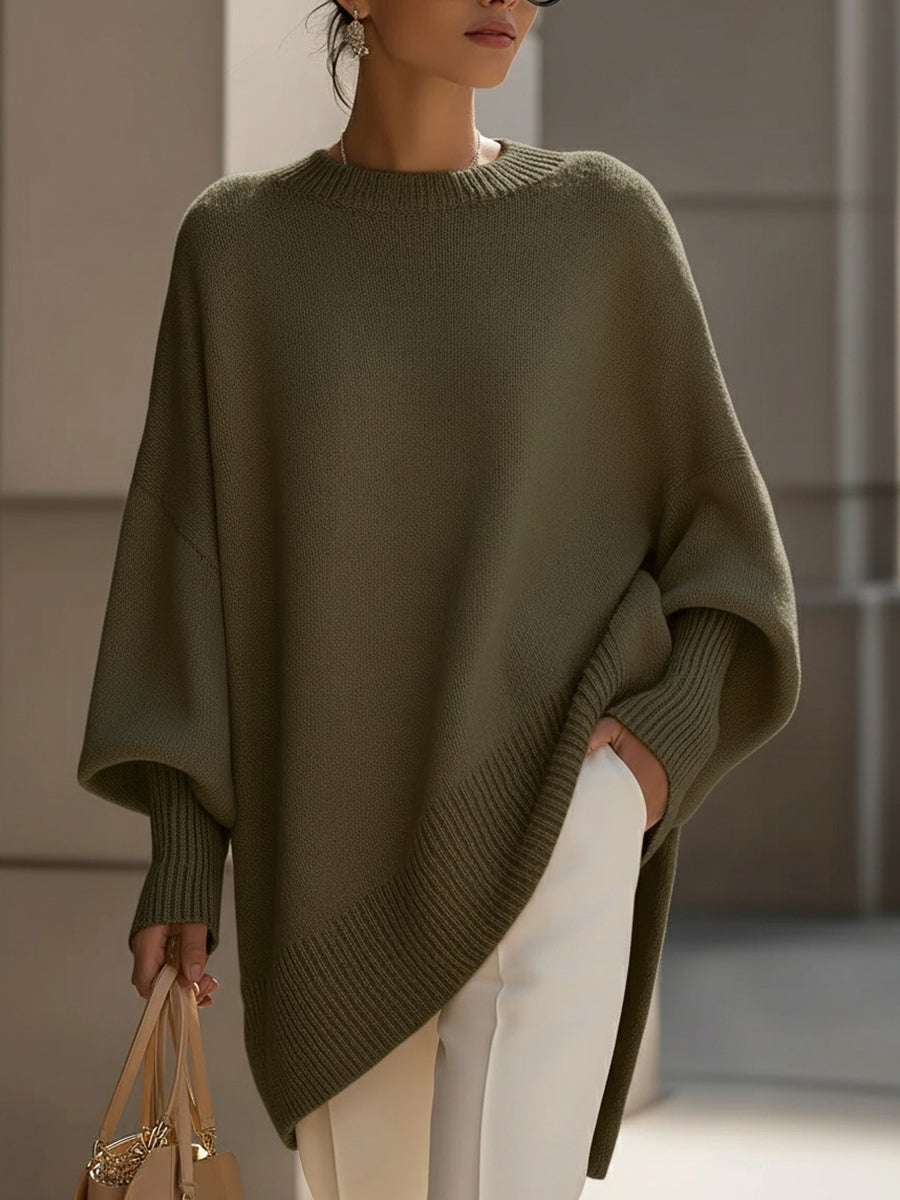Oversized Knit Poncho Sweater with Wide Sleeves and Asymmetric Hem