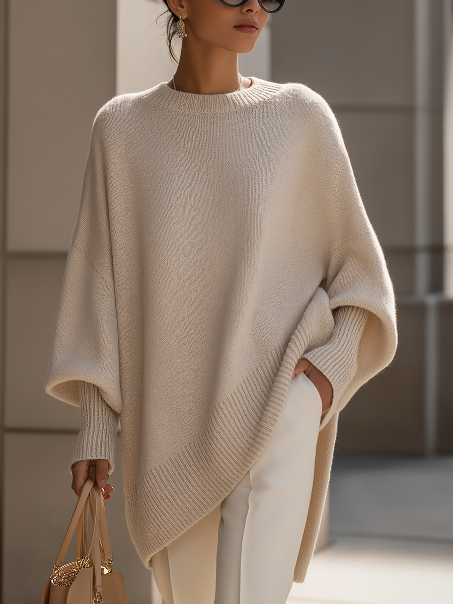 Oversized Knit Poncho Sweater with Wide Sleeves and Asymmetric Hem