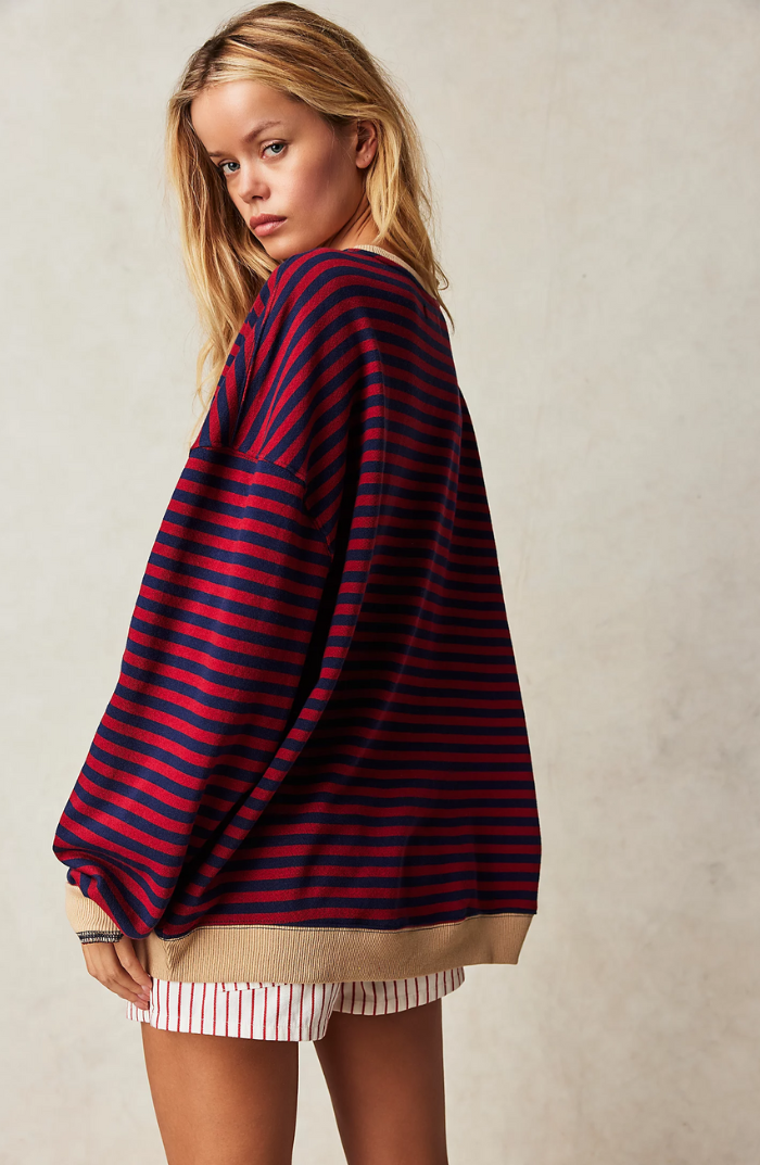 Oversized Striped Sweatshirt with Contrast Trim and Drop Shoulders