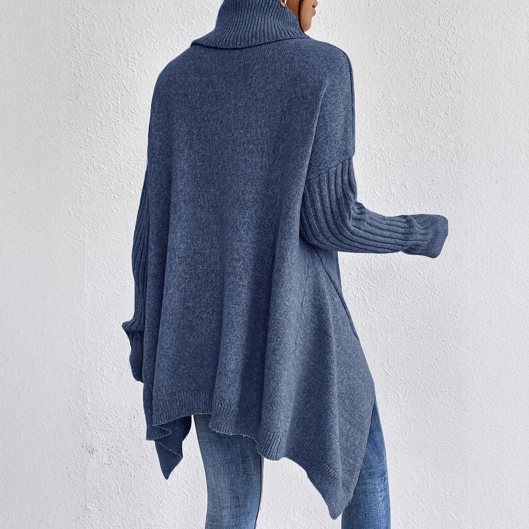 Oversized Turtleneck Sweater with Asymmetric Hem and Side Splits