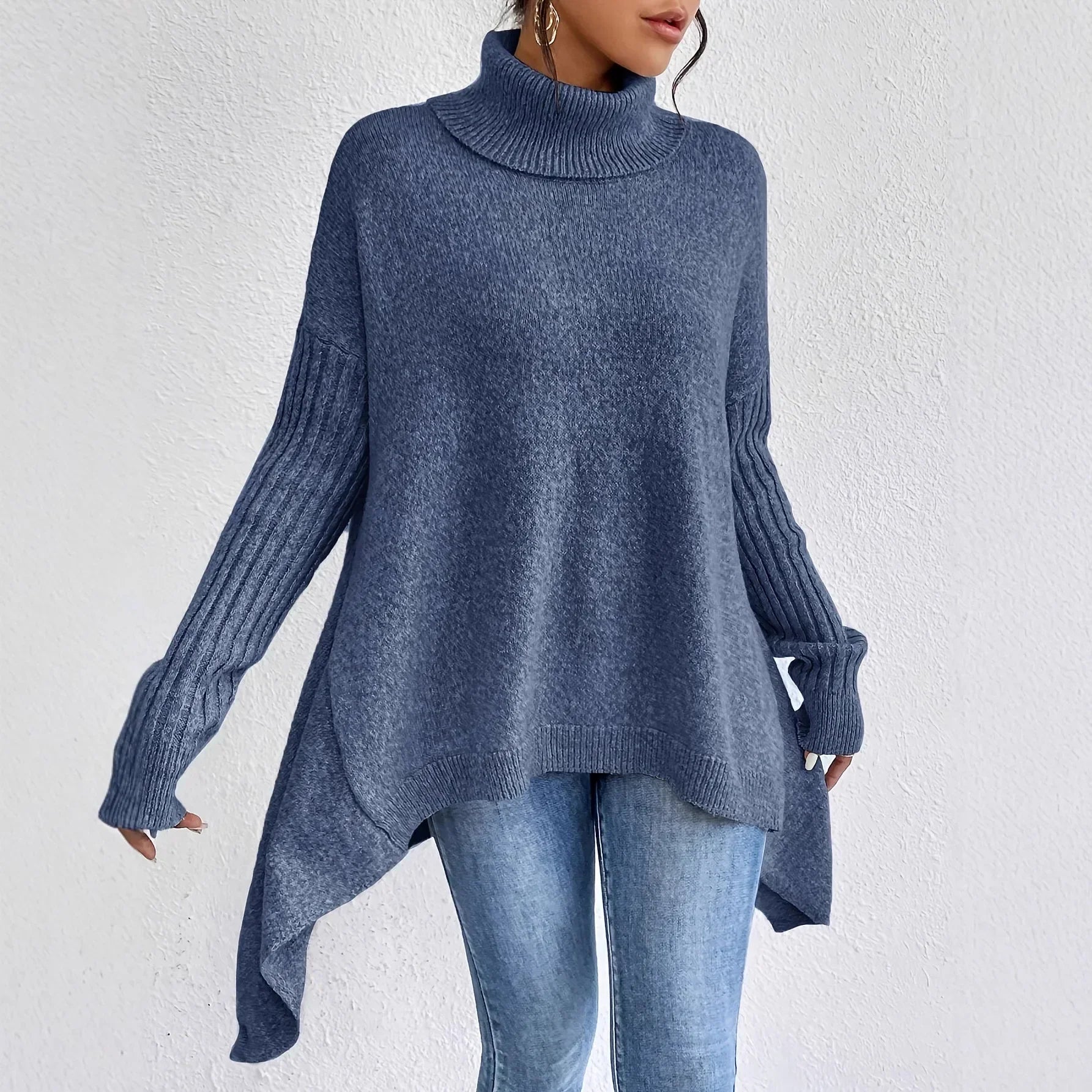 Oversized Turtleneck Sweater with Asymmetric Hem and Side Splits