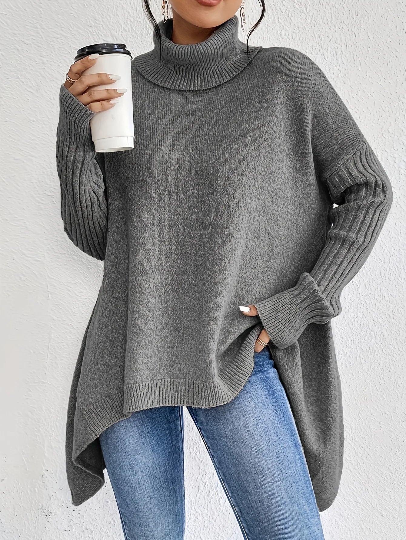 Oversized Turtleneck Sweater with Asymmetric Hem and Side Splits