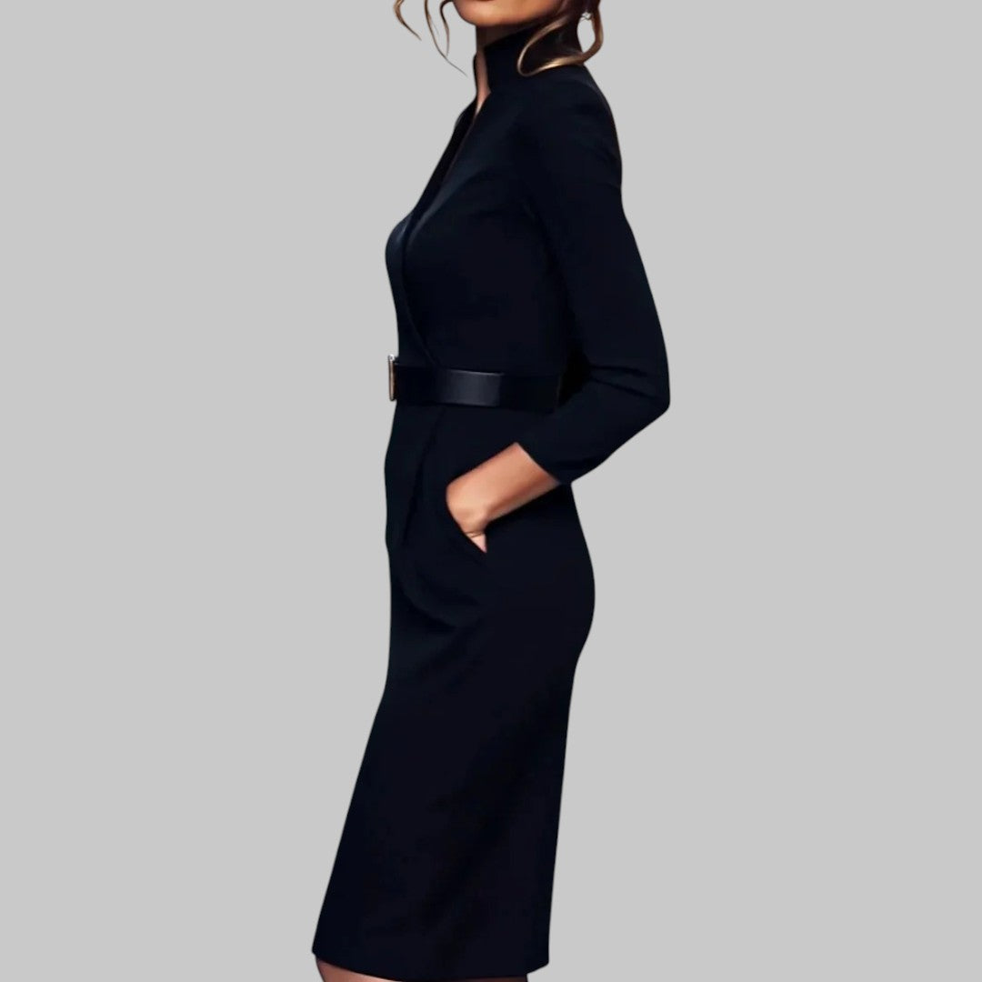 Refined Collar Belted Sheath Midi Dress – Elegant Office & Evening Wear
